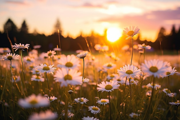 Ein wunderschönes Gänseblümchenfeld bei Sonnenaufgang