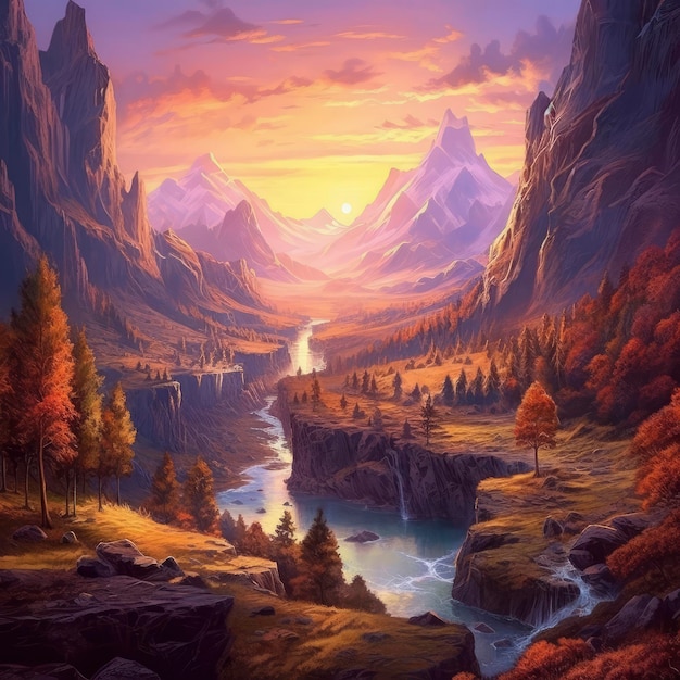 Ein wunderschönes Gemälde eines Flusses und eines Berges im Hintergrund