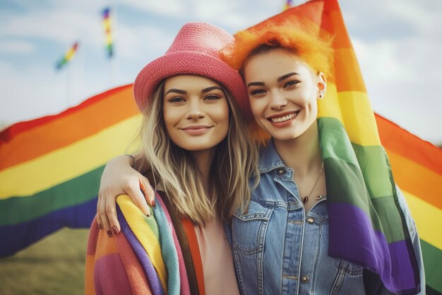 Ein wunderschönes glückliches schwul-lesbisches Paar mit Regenbogenfarben in einem Blumenfeld LGBTQ Pride Month