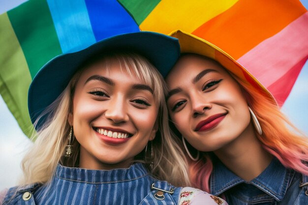 Foto ein wunderschönes glückliches schwul-lesbisches paar mit regenbogenfarben in einem blumenfeld lgbtq pride month