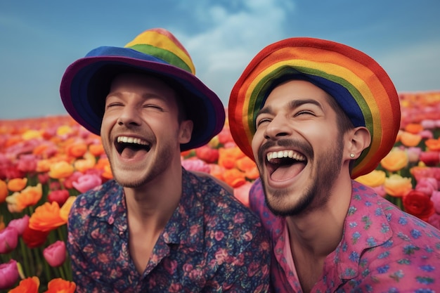 Foto ein wunderschönes glückliches schwules paar mit regenbogenfarben in einem blumenfeld. lgbtq pride month wallpaper foto