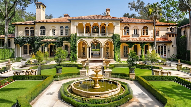 Ein wunderschönes Herrenhaus mit einem großen Brunnen vorne Das Herrenhaus hat ein rotes Fliesendach und weiße Wände