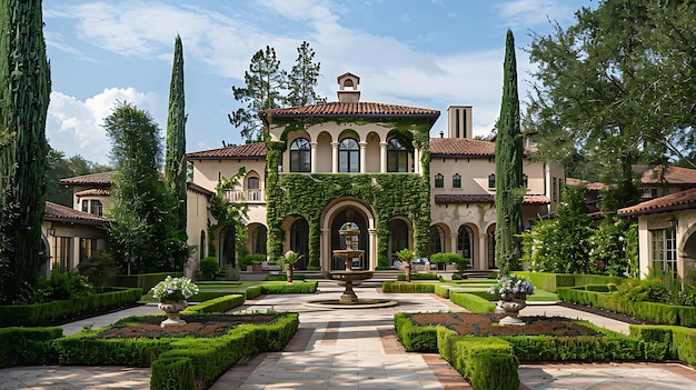 Ein wunderschönes Herrenhaus mit einem roten Fliesendach und weißen Wänden Das Herrenhaus ist von üppigen Gärten mit grünen Rasenflächen Bäumen und Blumen umgeben