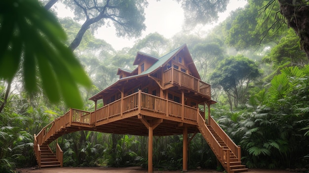 Ein wunderschönes Holzhaus mitten im Wald mit einem Treppenhaus AI Generative