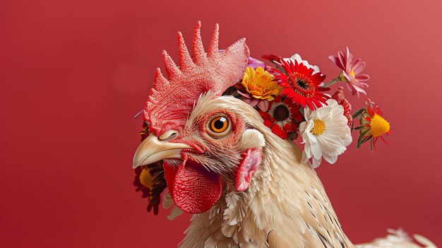 Ein wunderschönes Huhn trägt einen Blumenkranz. Das Huhn steht dem Betrachter gegenüber und neigt seinen Kopf leicht zur Seite.