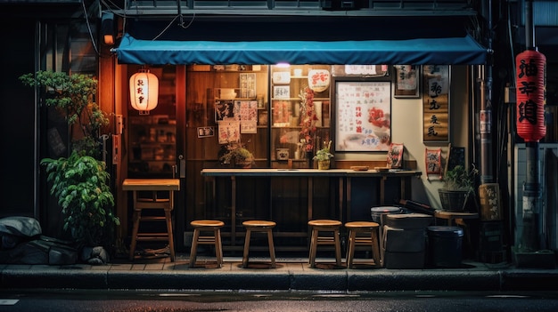 Foto ein wunderschönes japanisches ramen-laden in tokio, ein restaurant und eine bar in der dunklen nacht.