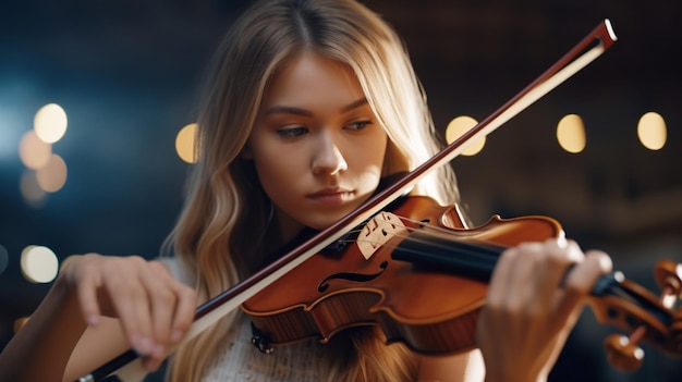 Ein wunderschönes junges Mädchen, das mit hingerissener Intensität Geige spielt