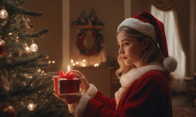 Ein wunderschönes junges Mädchen in einem Weihnachtsmannskostüm legt Geschenke unter den weihnachtsbaum