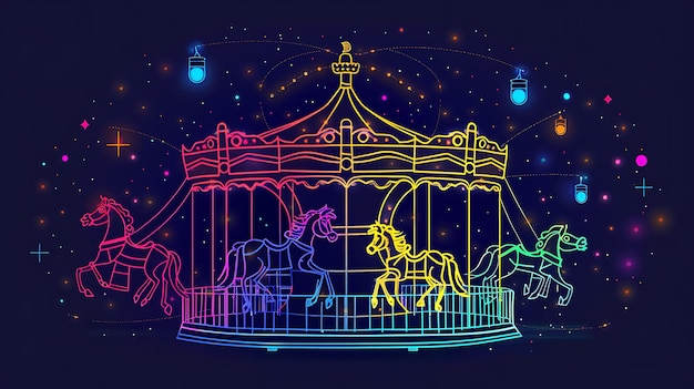 Ein wunderschönes Karussell mit vier Pferden Die Pferde sind in verschiedenen Farben beleuchtet und schaffen eine magische und wunderbare Szene