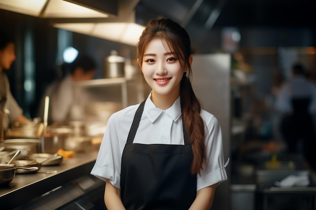 ein wunderschönes koreanisches Kochmädchen ist bereit, Essen in der Küche des Restaurants zu kochen