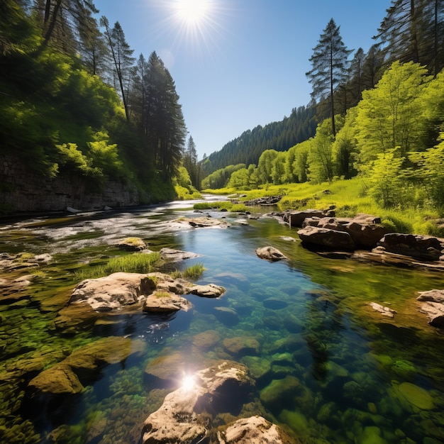 Foto ein wunderschönes landschaftsbild eines flusses, der durch einen wald fließt