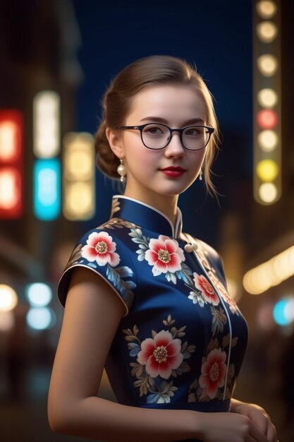 Ein wunderschönes Mädchen in Cheongsam und Brille auf einem nächtlichen Hintergrund