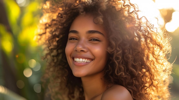 Ein wunderschönes Mädchen mit lockigen Locken strahlt und genießt das Klima