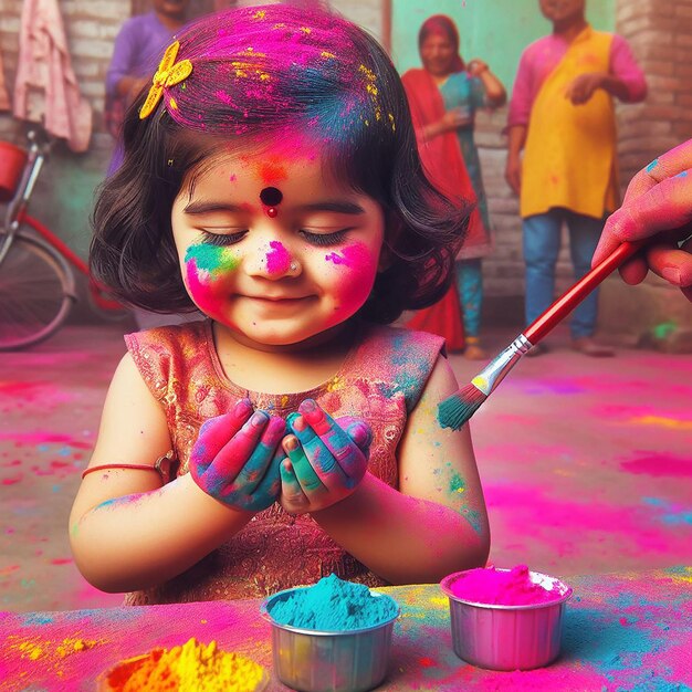 Ein wunderschönes Mädchen spielt mit vielen Pulverfarben auf Happy Holi