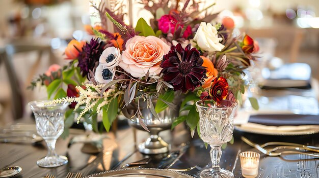 Foto ein wunderschönes mittelstück aus blumen in einer kristallvase sitzt auf einem holztisch. die blumen sind meist rosa, weiß und lila mit etwas grün.