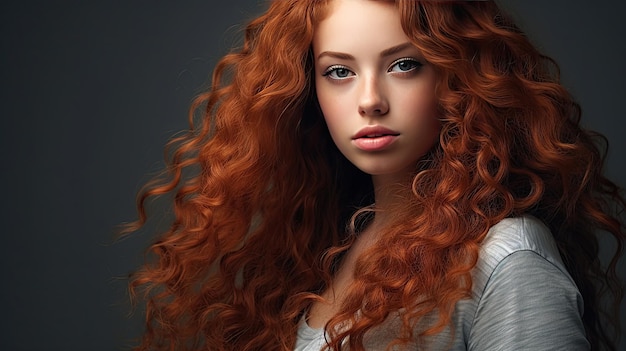 Ein wunderschönes Model-Mädchen mit langen roten, lockigen Haaren, rotem Kopf.