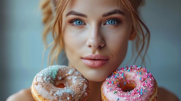 Ein wunderschönes Model nimmt farbenfrohe Donuts, eine glückliche, glückliche Frau isst Süßigkeiten, Diät, Diätkonzept, Junkfood, Schlankheit, Gewichtsverlust.