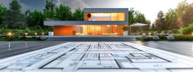 Ein wunderschönes modernes Haus, das auf einem architektonischen Bauplan-Transformationsraum platziert ist