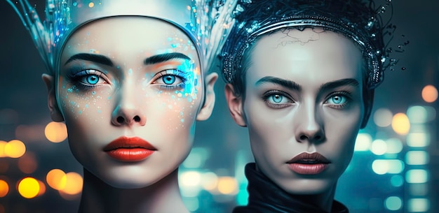 Ein wunderschönes Nahaufnahmeporträt eines Paares in einem magischen futuristischen Fotoshooting mit surrealer kybernetischer Alien-Mode in einer dystopischen Umgebung AIGenerated