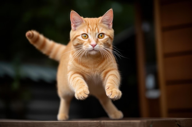 Ein wunderschönes Porträt einer Hauskatze mit orangefarbenen Streifen beim Springen