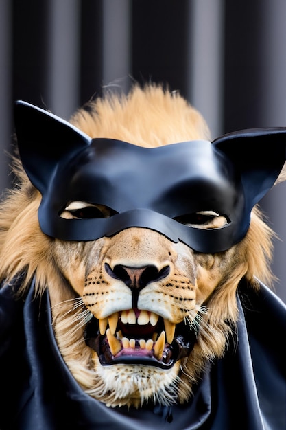 Ein wunderschönes Porträt eines als Batman verkleideten Löwen mit Maske und schwarzem Umhang