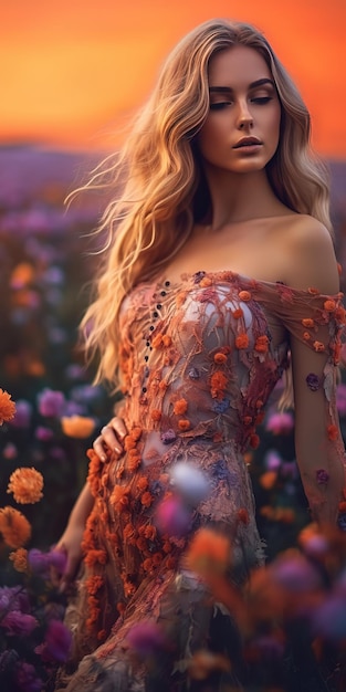 Ein wunderschönes romantisches Mädchen in einem wunderschönen Kleid steht im Frühling neben einem Busch aus rosa Blüten