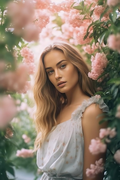 Ein wunderschönes romantisches Mädchen in einem wunderschönen Kleid steht im Frühling neben einem Busch aus rosa Blumen