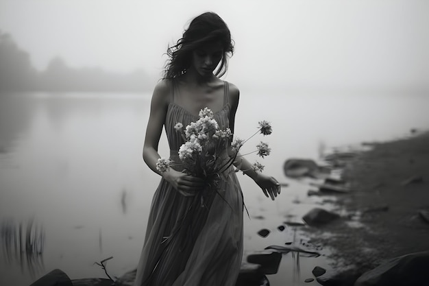 Ein wunderschönes Schwarz-Weiß-Porträt einer Frau in einem Kleid mit einem Blumenstrauß. Hohe Auflösung