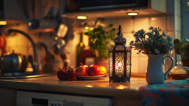 Ein wunderschönes Stilllebenbild einer Laterne auf einer Küchenplatte Die Laterne wird von einer warmen Kerze beleuchtet und auf der Theke befinden sich Äpfel