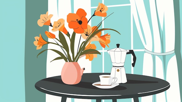 Ein wunderschönes Stilllebenbild eines Tisches mit einer Vase mit Blumen und einer Kaffeetasse Die Vase sitzt auf einem schwarzen Tisch