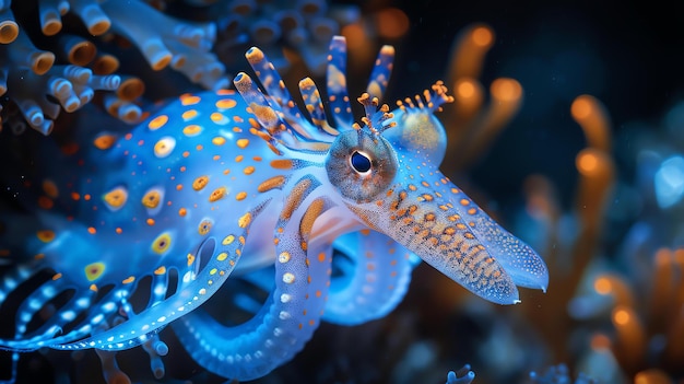 Foto ein wunderschönes und einzigartiges geschöpf der tiefsee, dieser biolumineszierende tintenfisch ist mit seinen lebendigen farben und faszinierenden mustern ein atemberaubender anblick