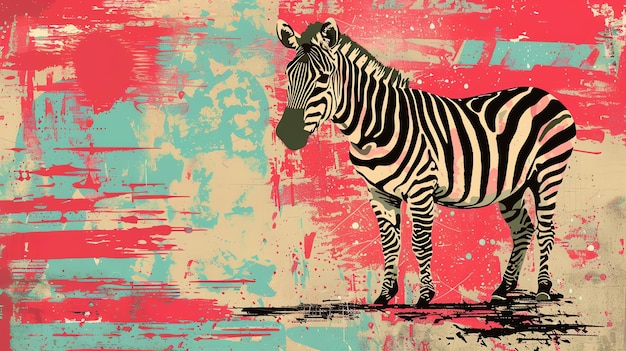 Ein wunderschönes Zebra steht inmitten eines bunten abstrakten Hintergrunds