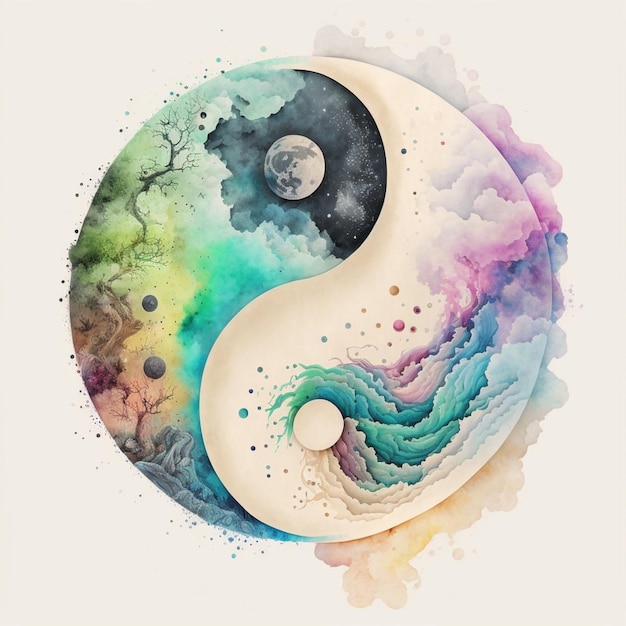 Ein Yin-Yang mit einem Regenbogen und dem Mond.