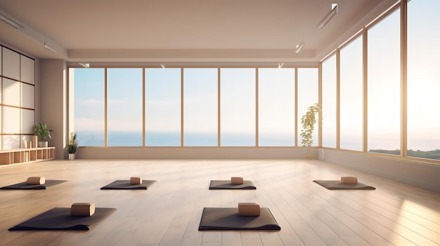 Ein Yogastudio mit einem Fenster, auf dem Yoga steht.