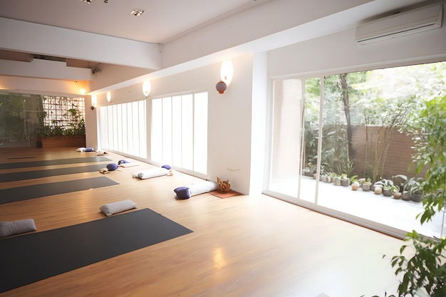 Ein Yogastudio mit einem großen Fenster, auf dem Yoga steht