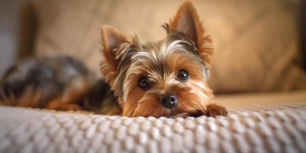 Ein Yorkshire-Terrier-Hund, der auf einer Couch liegt