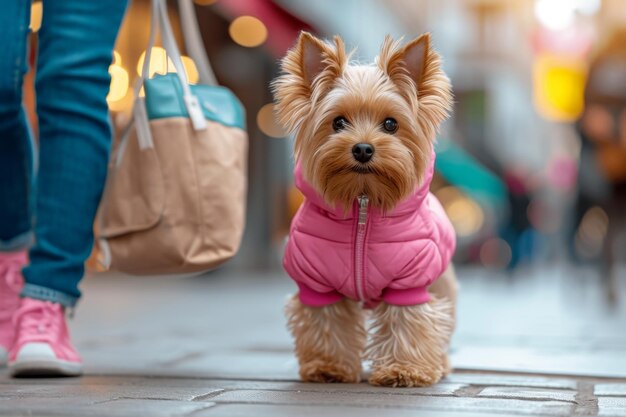 Ein Yorkshire-Terrier in einer rosa Jacke geht die Straße entlang