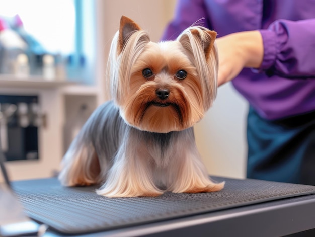 Foto ein yorkshire-terrier steht auf einem friseurtisch nach einem haarschnitt in einem haustiersalon mit dem friseur