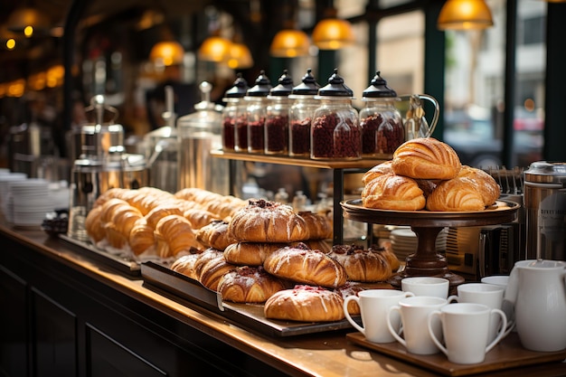 ein Zähler mit einer Vielzahl von Gebäck und Kaffeekuppen