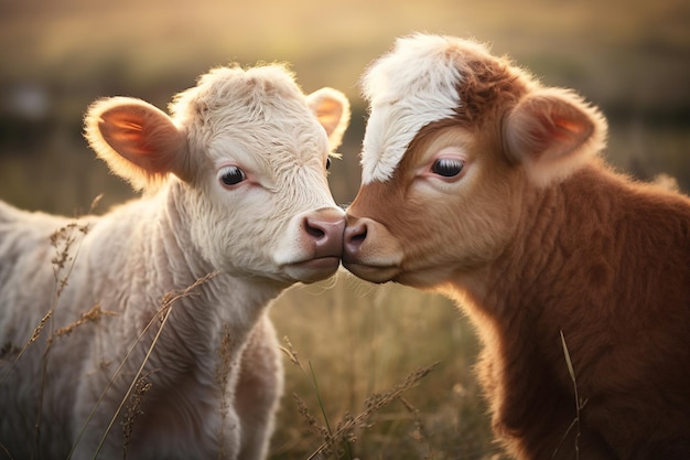 Foto ein zärtlicher moment zwischen zwei kleinen kühen, deren nasen sich berühren.