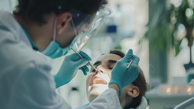 Ein Zahnarzt mit Maske und Handschuhen untersucht die Zähne eines Patienten mit einem Mundspiegel und einem Explorator