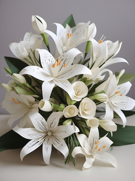 Ein zarter Papierblumenstrauß aus weißen Lilien, der aufwendig geschnitten und geschichtet ist, um ein wunderschönes B zu schaffen