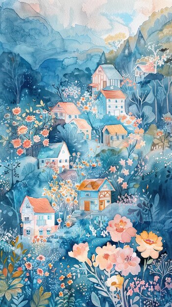 Ein zartes Aquarellbild eines schläfrigen Dorfes, in dem Tiere und Menschen unter pastellfarbenen Blumen und handgezeichneten Häusern in Harmonie leben
