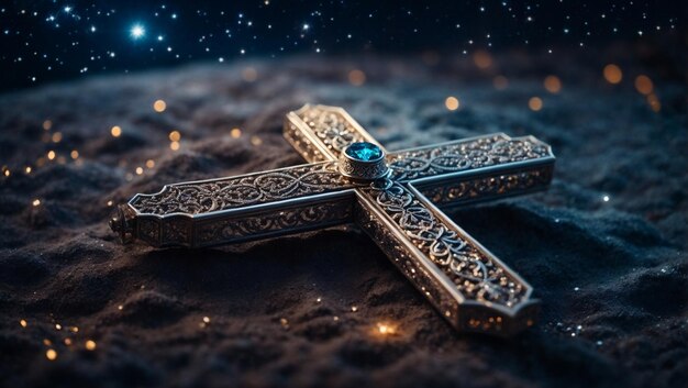 Ein zartes christliches Kreuz aus filigranem Silber, das an einem sternenklaren Nachthimmel hängt