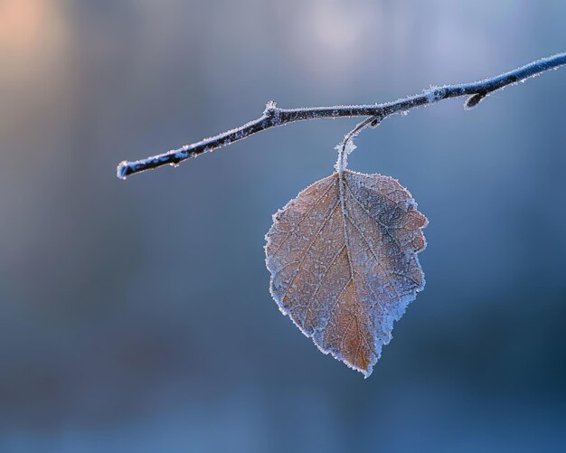 Ein zartes frostkissed Blatt hängt unsicher auf einem unfruchtbaren Zweig das erste Licht der Morgendämmerung machen