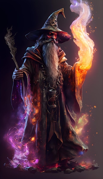Ein Zauberer mit Bart und Hut, der ein magisches Feuer in seinen Händen hält.