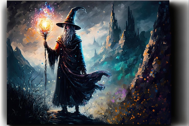 Ein Zauberer mit Zauberstab auf dem Hügel in der dunklen Nachtfantasie