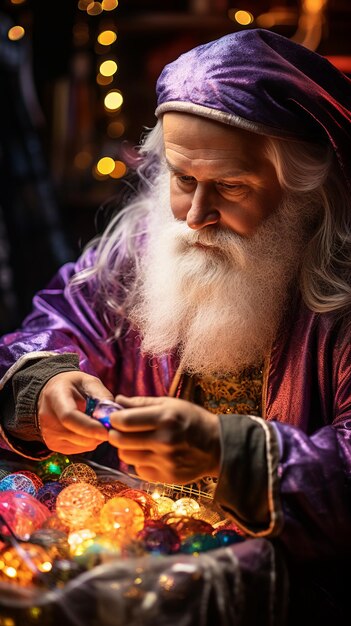 Foto ein zauberer untersucht in seiner werkstatt sorgfältig eine magische kristallkugel