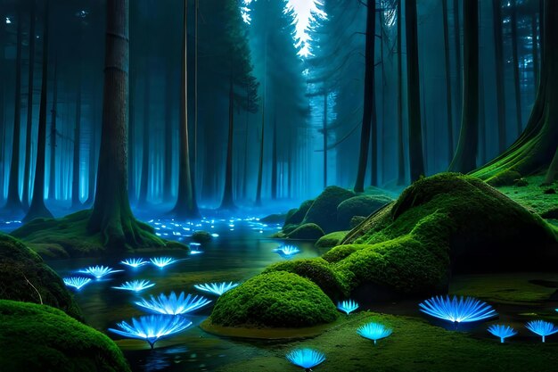 Ein zauberhafter Wald, der durch die langsame Leuchtkraft von biolumineszierenden Pilzen beleuchtet wird