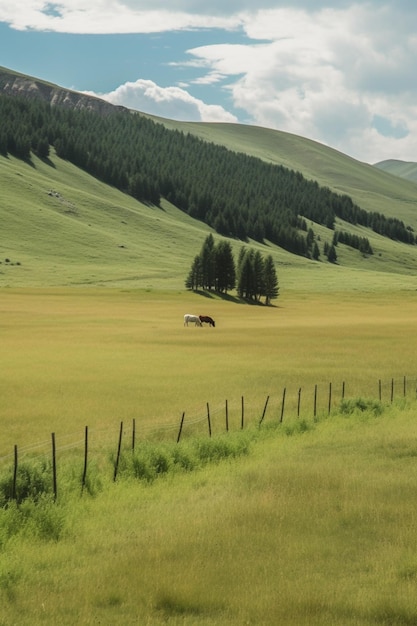 Ein Zaun auf einem Feld mit einem Pferd im Vordergrund